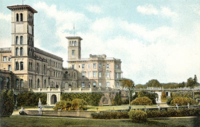 OSBORNE HOUSE.—This view of Osborne from the south lawn is the most picturesque, and gives the late Queen's apartments standing out in bold relief in the centre of the picture. The terraces below adorn the building, and the rosary which extends on the right to the lawn is gay with a blaze of colour in the month of June. Now that Osborne has been made into a Naval College, the grounds are open to visitors on Fridays in the winter, and on Tuesdays and Fridays in the summer season; it is visited by many thousands during the year.