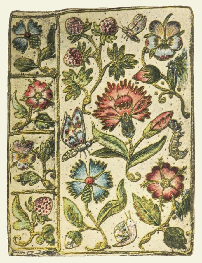 Embroidered book cover for Henshaw’s Horae Successivae (1632), white satin with a floral design edged in gold cord, featured in Cyril Davenport’s English Embroidered Book-bindings (1899) — Source.